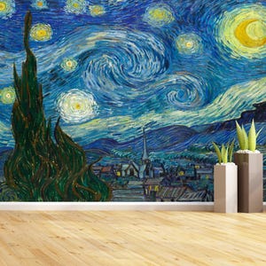 Mural de noche estrellada, papel tapiz autoadhesivo, pintura de paisaje de Van Gogh, impresión de pared grande, tamaño personalizado