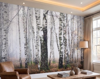 Birch Forest Wallpaper Mural, Misty Woodland Landscape, Neutral Nature Wall Decor Peel and Stick, Non-woven