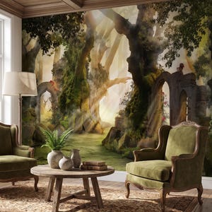 Dreamy Forest Wall Mural Whimsical Fantasy Landscape Wallpaper for Kids Playroom & Nursery Decor