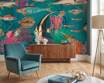 Vintage Marine Life Wallpaper Mural, Teal Ocean Fish Illustration, Eclectic Coastal Wall Decor Peel and Stick, Non-woven