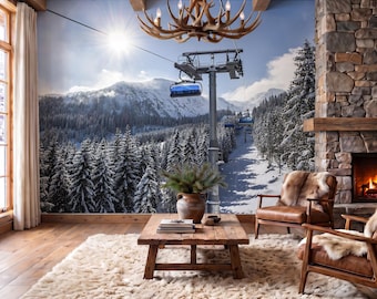 Ski Resort Wallpaper Mural, Snowy Mountain Chairlift, Alpine Winter Landscape Wall Decor