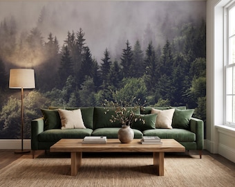 Misty Forest Wallpaper Mural, Evergreen Woodland Landscape, Calm Nature Wall Decor