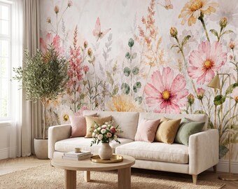 Watercolor Wildflower Wallpaper Mural Pink Botanical Garden with Butterflies Bedroom Livingroom Wall Decor Peel and Stick / Non-woven