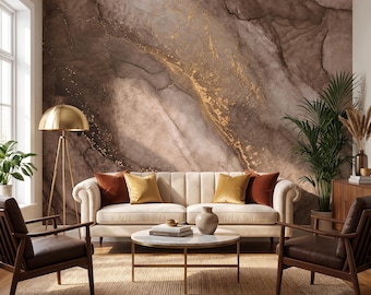 Abstract Brown Watercolor Marble Wallpaper Mural Accent Wall Decor Peel and Stick / Traditional