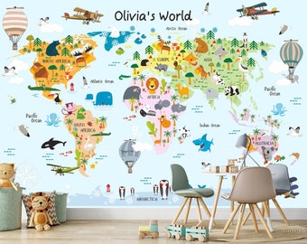 Cartoon World Map Kids Wallpaper Peel and Stick Boys Girls Palyroom Wall Decor Animal Map Wall Mural Wallpaper Geography Children Map Print