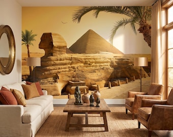 Ancient Egypt Wallpaper Mural, Sphinx and Pyramids Desert Landscape, Egyptian Wall Decor Peel and Stick, Non-woven