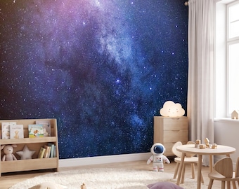 Kids Galaxy Wallpaper Mural, Starry Night Space Wall Decor, Blue Purple Cosmic Nursery Wallpaper Peel and Stick Non-woven, Custom size