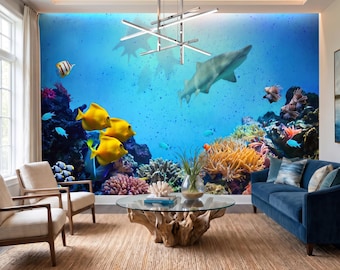 Underwater Ocean Wallpaper Mural, Shark and Tropical Fish, Colorful Coral Reef Wall Decor Peel and Stick / Non-woven Coastal Wallpaper