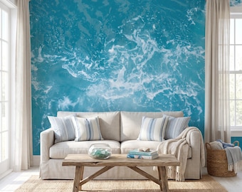 Ocean Wave Wallpaper Mural Turquoise Water and Sea Foam Coastal Beach House Wall Decor - Peel and Stick / Non-woven