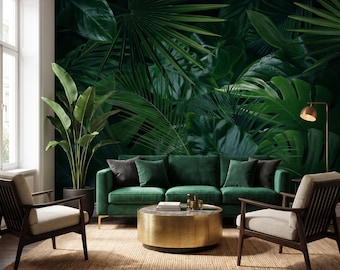Dark Tropical Wallpaper Mural, Monstera and Palm Leaves, Luxury Botanical Wall Decor Peel and Stick Rainforest Mural Custom Size