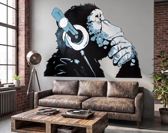 Graffiti Monkey Wall Decal, Street Art Chimp with Headphones Sticker, Urban Vinyl Decor for Music Studio, Teen Room or Man Cave Custom Color
