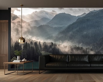 Foggy Mountains Vinyl Wallpaper Foggy Forest Wall Mural Foggy Landscape Misty Mountains Peel & Stick Traditional Wall Decal Nature Wallpaper