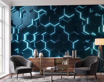 Neon Hexagon Wallpaper Mural, Blue 3D Geometric Honeycomb, Futuristic Tech Wall Decor, Peel and Stick Non-woven Custom Size Print