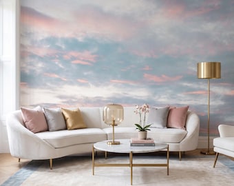 Pastel Sky Wallpaper Mural, Soft Pink and Blue Clouds, Dreamy Cloudscape Wall Decor Peel and Stick , Non-woven Wallpaper