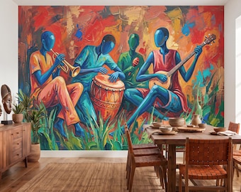 African Music Wallpaper Mural Abstract Colorful Jazz Band Wall Decor for Music Dining Room Lounge Peel and Stick / Non-woven Wallpaper