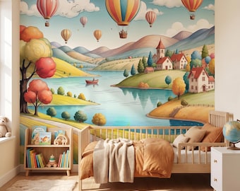 Hot Air Balloon Wallpaper Mural Whimsical Countryside Wall Decor for Kids Room, Peel and Stick / Non-woven Colorful Wall Mural