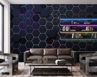 Neon Hexagon Gaming Wallpaper Mural, Futuristic 3D Geometric Wall Decor for Gamer Room - Peel & Stick / Non-woven Wallpaper