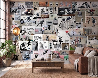 Urban Street Art Wallpaper Mural, Black and White Graffiti Collage, Industrial Loft Wall Decor, Peel and Stick or Non-woven, Custom size