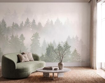 Forest Mural Wallpaper, Misty Woodland Nature Wall Decor, Neutral Green Scandinavian Accent Wallpaper, Peel and Stick, Non-woven