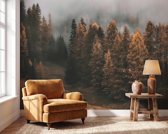 Autumn Forest Wallpaper Mural, Misty Woodland Landscape, Warm Rustic Nature Wall Decor