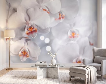 White Orchid Wallpaper Mural, Soft Floral Photography, Elegant Neutral Wall Decor, Peel and Stick, Non-woven Bedroom Lovong Room Wallcoverin