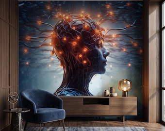 AI Woman Wallpaper Mural, Futuristic Neural Network Portrait, Cyberpunk Sci Fi Wall Decor