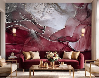 Burgundy Marble Wallpaper Mural Abstract Fluid Art Wall Decor for Modern Living Room Bedroom Wallpaper, Peel and Stick / Non-woven Print