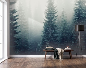Evergreen Foggy Forest Wall Mural - Peel and Stick, Non-woven Moody Wallpaper Print Bedroom Living Room Nature Wall Decor