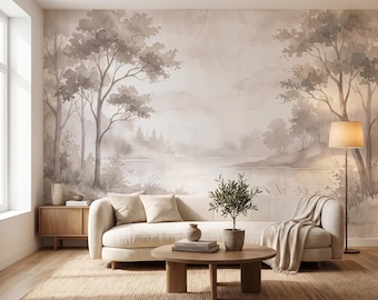 Neutral Watercolor Forest Wallpaper Mural, Beige Misty Lake Landscape, Japandi Wall Decor Peel and Stick or Non-woven, Custom size