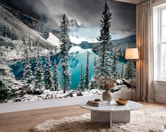 Moraine Lake Wallpaper Banff Mountain Mural Canadian Rockies Snowy Landscape Wall Decor Peel and Stick, Non-woven, Custom size
