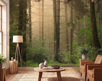 Sunlit Forest Wallpaper Mural Green Woodland Wall Decor for Living Room, Bedroom, Cabin - Peel-and-stick / Non-woven, Custom size