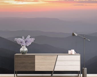 Mountain Sunset Wall Mural, Layered Mountain Wallpaper, Scenic Landscape Wall Decor, Peel and Stick Wallpaper, Nature Mural