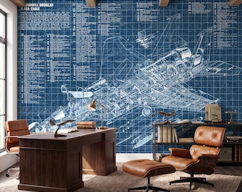 F-15 Eagle Blueprint Wallpaper Mural, Fighter Jet Technical Drawing, Aviation Office Wall Decor - Peel & Stick Vinyl / Non-woven Wallpaper