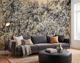 Abstract Splatter Wallpaper Mural Black Beige Expressionist Wall Art Modern Statement Decor Jackson Pollock Wallpaper Peel & Stick Non-woven