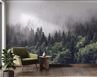 Foggy Forest Wall Mural Wallpaper Moody Landscape Print Decor Peel and Stick, Non-woven, Custom size