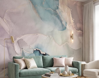 Abstract Watercolor Wallpaper Pastel Aqua Blush Marble Wall Mural for Living Room, Custom Size, Peel and Stick, Non-woven Wallpaper