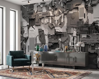 Industrial Wallpaper Mural 3D Futuristic Mechanical Wall Print, Dark Sci-Fi Tech Wall Decor