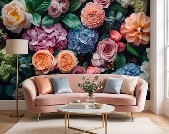 Dark Floral Wallpaper Mural, Oversized Roses and Hydrangeas, Maximalist Botanical Wall Decor, Romantic Living Room Wallpaper Peel and Stick