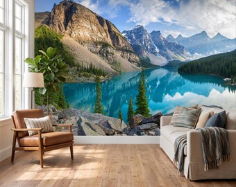 Turquoise Lake Photo Mural Rocky Mountains Wallpaper Peel and Stick, Non-woven Moraine Lake Wall Print Bedroom Living Room Wall Decor