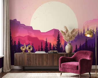 Mountain Sunset Wallpaper Mural Pink Purple Forest Landscape Silhouette for Bedroom Living Room  Peel and Stick Non-woven Custom Wall Print