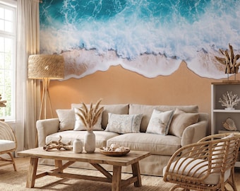 Ocean Wave Wallpaper Mural Aerial Beach Shoreline Print Turquoise Coastal Wall Decor Peel and Stick / Non-woven Wallpaper