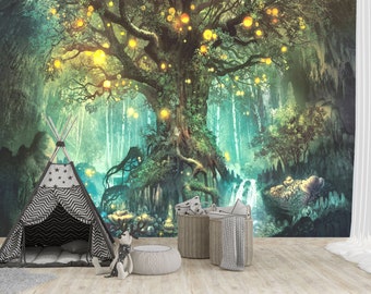 Fireflies on a Fantastic Tree Wall Mural Fantasy Tree Peel and Stick Vinyl Wallpaper Nursery Wall Decor Kids Playroom Wallpaper Tree of Life