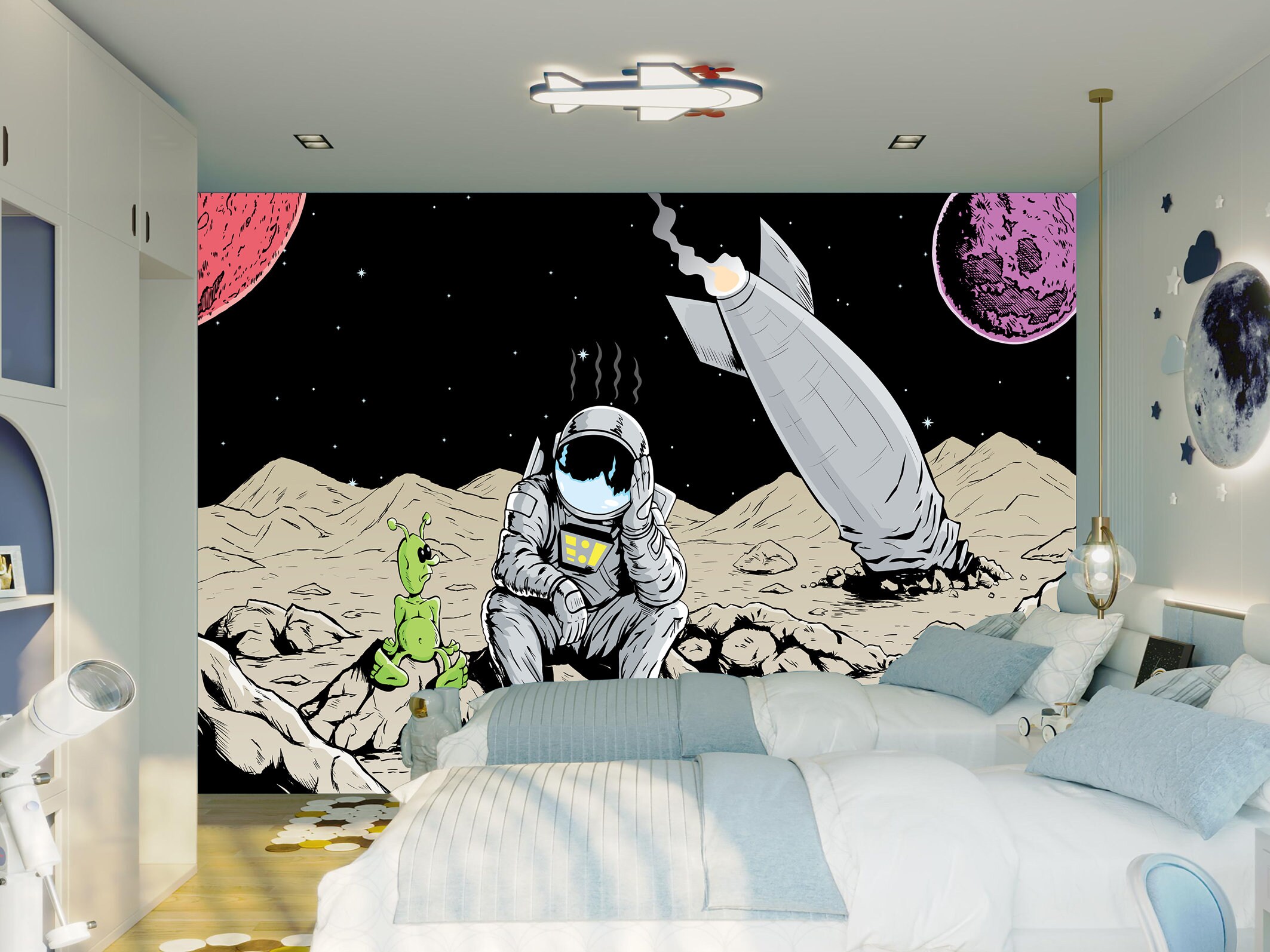 Space Crash Kids Wallpaper, Astronaut & Alien Wall Mural for Nursery ...