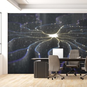 Puede incluir: Una obra de arte digital que representa una red de flujos de datos con código binario. La obra presenta un fondo oscuro con estructuras fluidas en forma de onda en tonos de gris, azul y amarillo, lo que sugiere el flujo de datos y la conectividad.