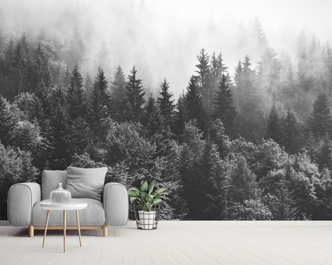 Foggy Forest Wall Mural Black and White Peel and Stick Wallpaper Vinyl ...