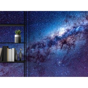Può includere: Un murale vibrante raffigurante un cielo notturno stellato e la Via Lattea. L'immagine presenta una libreria nera con libri, un vaso decorativo e una pianta in vaso con foglie verdi.