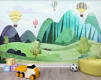 Kids Playroom Wallpaper Mountain Forest Sky with Hot Air Baloon Wall Mural Kids Room Wall Decor Peel and Stick / Traditional Wallpaper Mural
