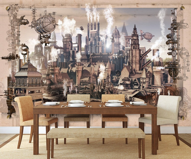 Steampunk Artwork Wallpaper Mural Peel and Stick Vintage Etsy