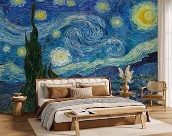 Starry Night Mural Peel and Stick Wallpaper Van Gogh Landscape Painting Large Wall Print Custom Size