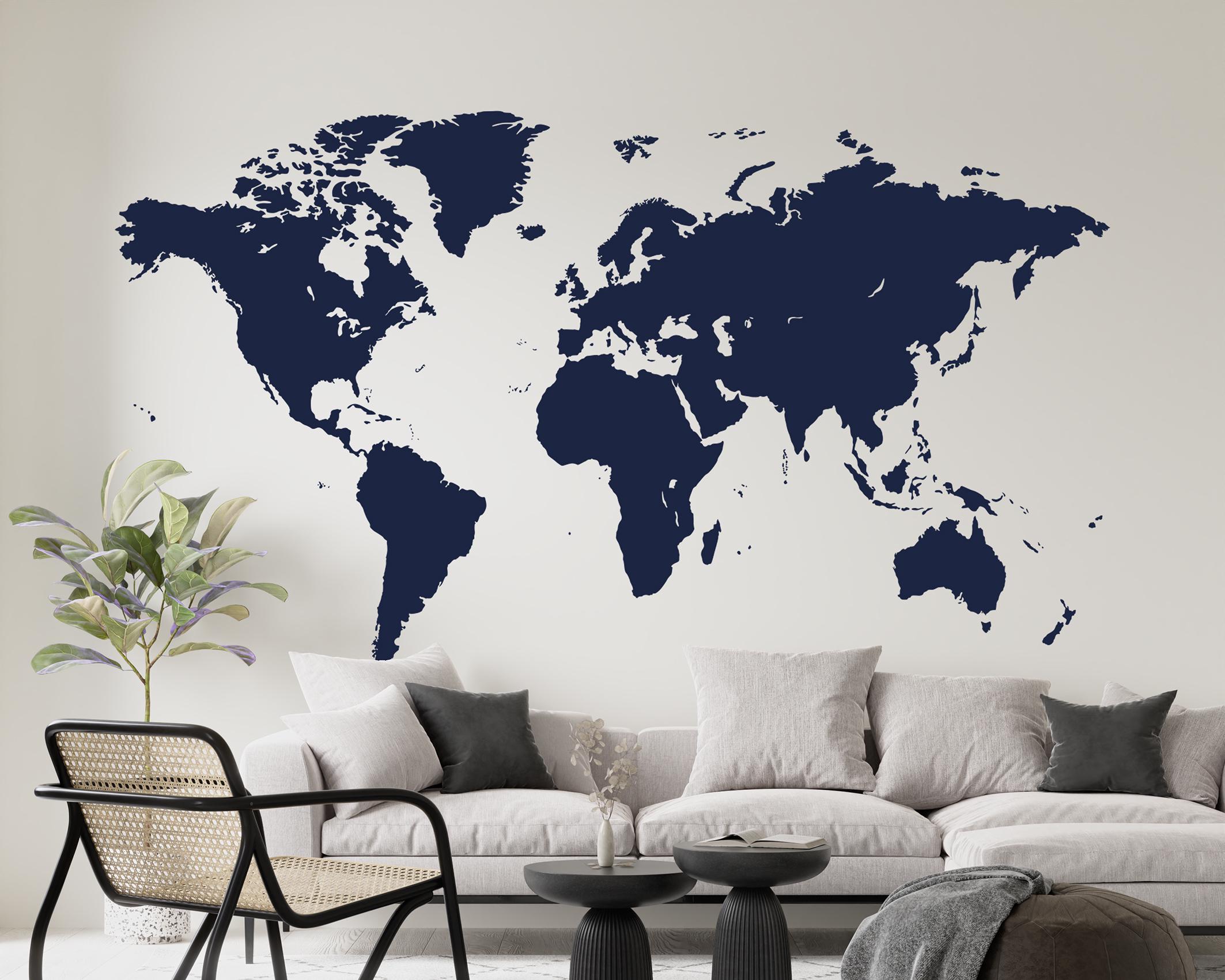 Blue World Map Large Wall Decal Vinyl Wall Sticker - Dark Navy Blue ...